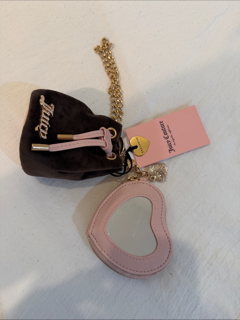Juicy Couture Pink Heart Mirror Charm with Gold Chain and Brown Suede Pouch